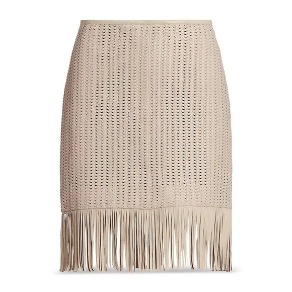 NWT $595 Ralph Lauren SKIRT Fringe Trim Woven Leather Pencil 100% LAMB LEATHER - Picture 2 of 14